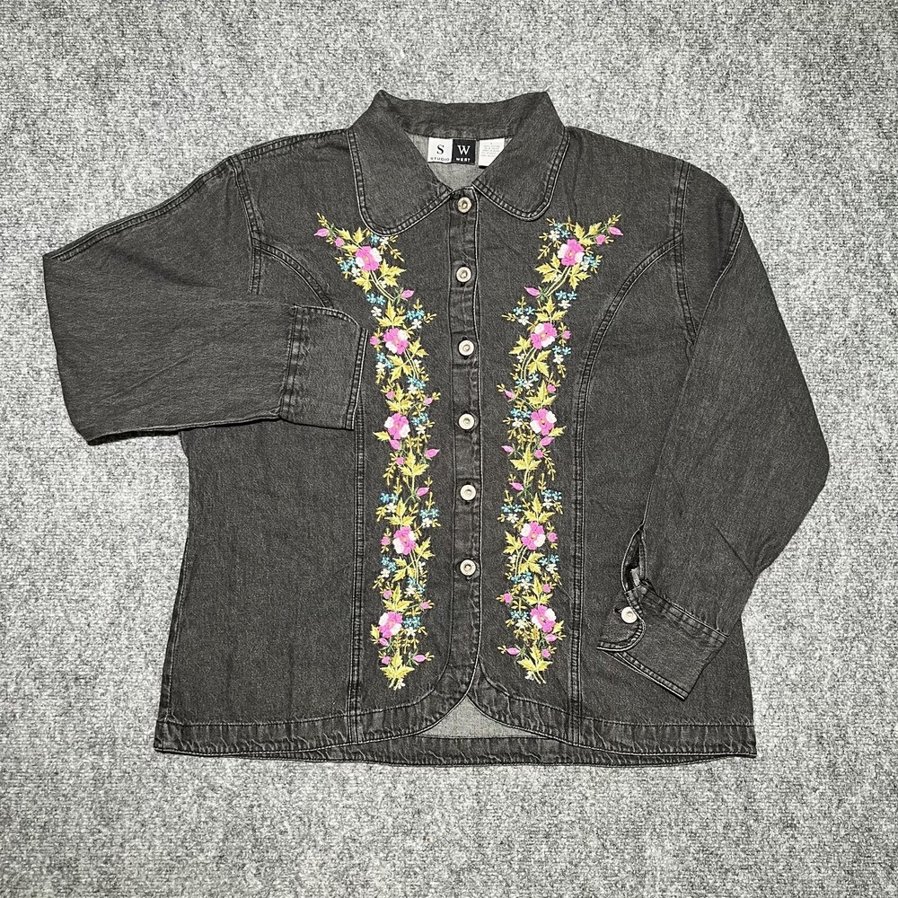 Vintage Black Denim Jean Shacket Embroidered Flowers Size L Studio West Denim
